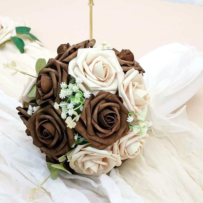 Artificial Flowers, 50pcs Brown and Tan Artificial Flower for DIY Wedding Bouquets Centerpieces Arrangements, Artificial Rose with Stem for Party Home Decorations