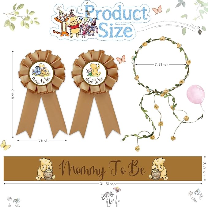 Winnie Baby Shower Sash Mom to Be Sash and Dad to Be Pin Flower Crown for Gender Reveals Party Baby Shower Party Favors Decorations for Boys and Girls Pregnancy Props Gift, Standard, Brown