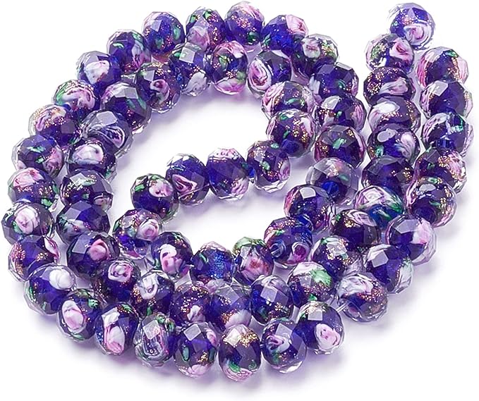 PH PandaHall 60pcs 8~10mm Midnight Blue Rose Lampwork Beads Gold Sand Glass Beads 2mm Hole Flower Glass Beads Floral Handmade Lampwork Beads Round Loose Beads for Rosary Making Jewelry Craft Making
