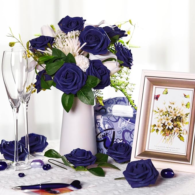 50 Pcs Artificial Foam Rose Flowers Faux Bouquet with Leaves and Stems for DIY Wedding Bouquets Centerpieces Bridal Shower Party Valentine Home Decorations (Navy Blue)