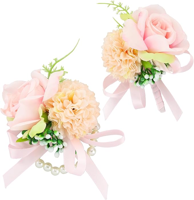 SITUMEIZI 2Pcs Pink Corsage and Boutonniere Set,Corsage Wristlet for Prom Decor,Boutonniere for Men Wedding Flowers Accessories Party Suit Decoration