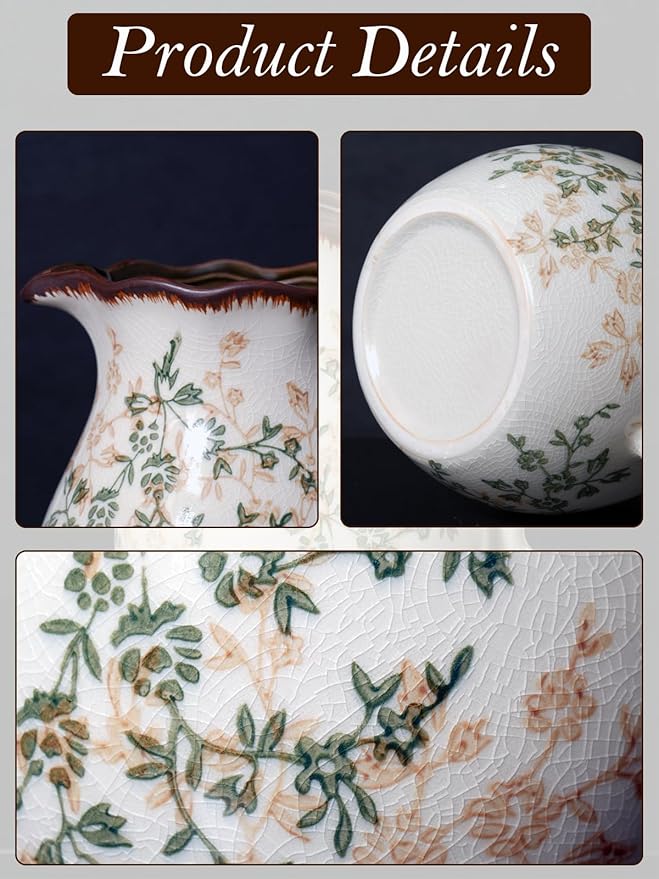 Vintage Ceramic Vase - 8.2 Inch Hand-Painted Flowers with Ice Crackle Glaze Finish, American Farmhouse Style Pitcher Vase for Home Decor, Centerpiece, Shelf, Table, Office