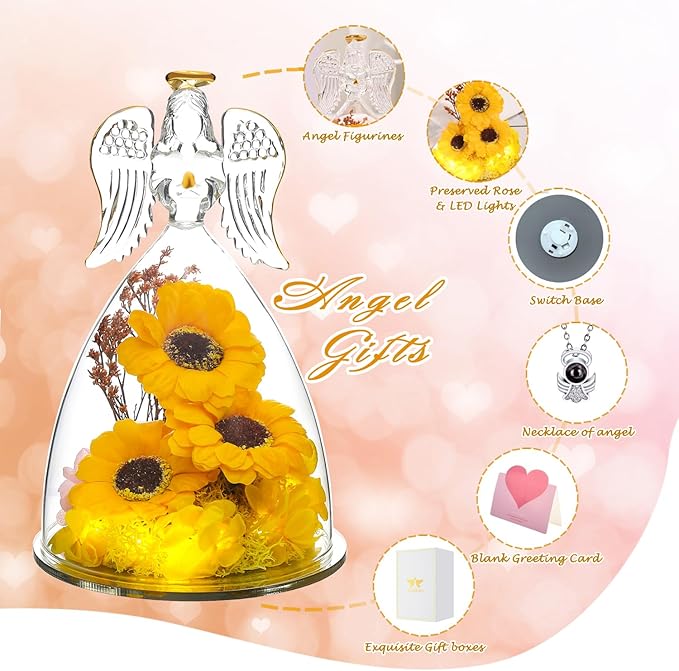 Angel Sunflower Mothers Day Blessing Gifts, Angel Figurines with LED Light Real Sunflower Gifts for Her Mom Grandma Wife,Glass Angel Figurines for Valentine Anniversary Birthday Gift