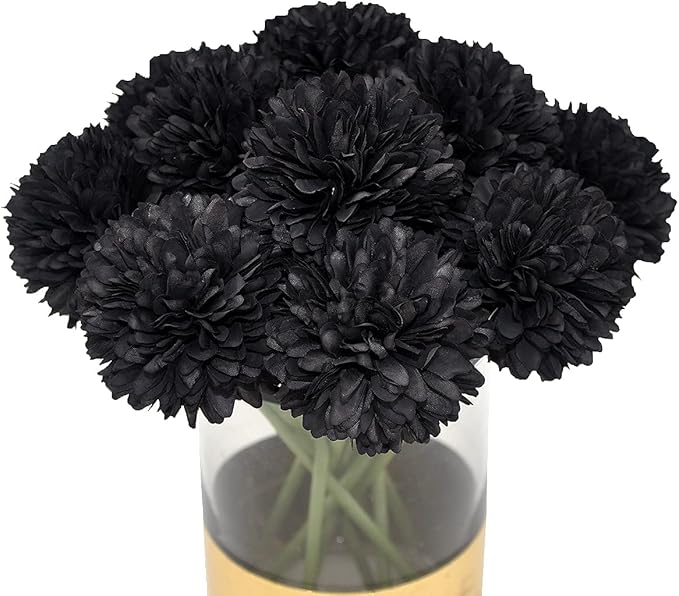 10Pcs Artificial Fake Flower Plants Silk Chrysanthemum Ball Hydrangea Arrangements Wedding Bouquets Decor Home Kitchen Garden Party Table Floral Centerpieces DIY (Black)