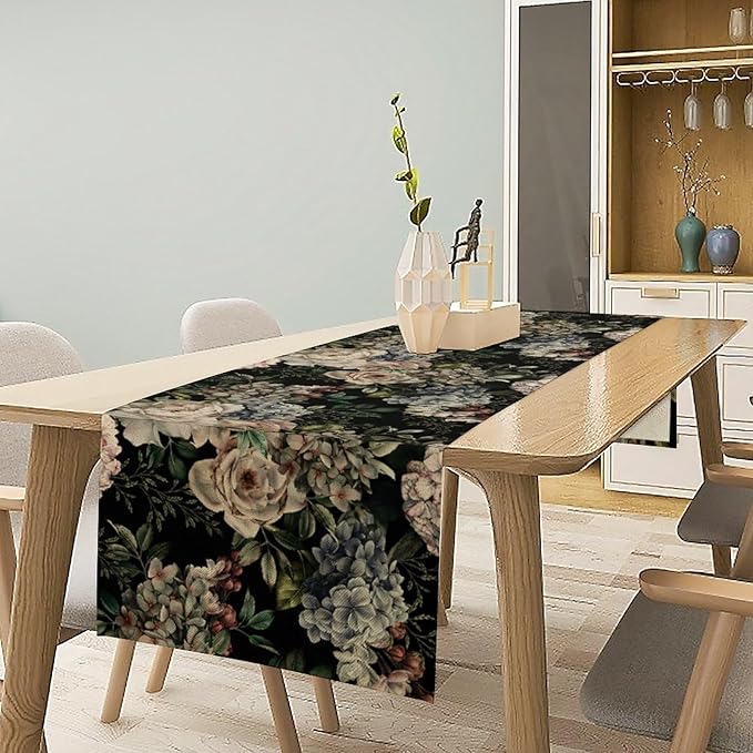 Retro Floral Table Runner, Dark Watercolor Flowers Boho Gothic Botanical Plant Art Table Runner for Indoor Outdoor Dinner Party Decor, 13x36inch