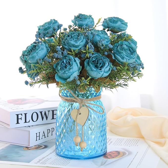 Fake Flowers in Vase,Fake Flowers with Vase,21 Pcs Faux Peony Flowers,Artificial Flowers for Home Decor, Indoor Centerpiece for Living Room & Dining Table (Blue)
