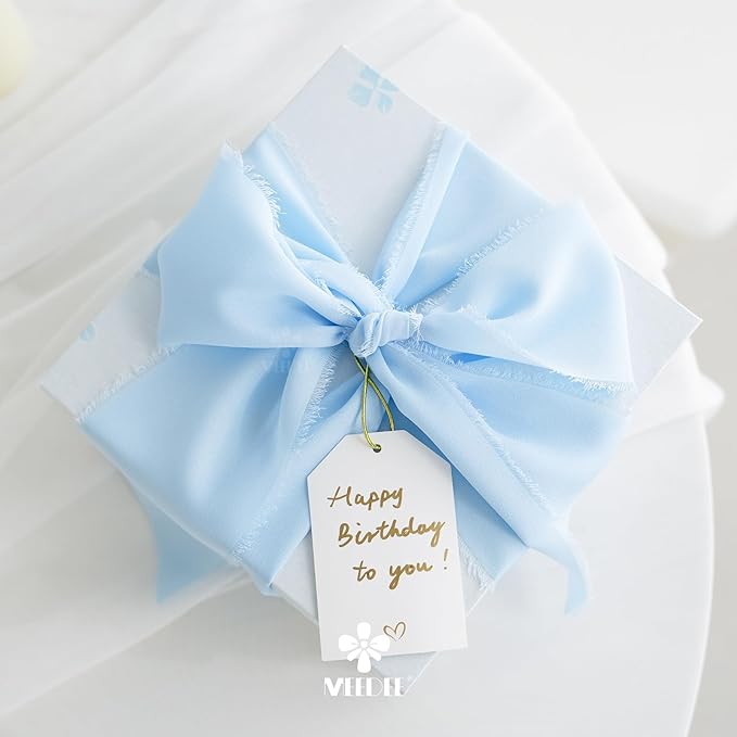 MEEDEE Light Blue Chiffon Ribbon 3 Inch Fringe Ribbons Baby Blue Chiffon Silk Frayed Edge Ribbon Wide Chiffon Ribbons for Crafts, Flower Bouquet, Wedding Favors Wrapping (2 Rolls 10 Yards)
