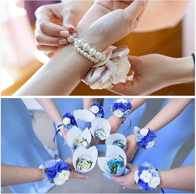 MECCANIXITY 8Pcs Wrist Corsage Artificial Flower Bracelets Rose Wrist Bride Groom Decorative for Wedding Ceremony Prom Party Anniversary Purple