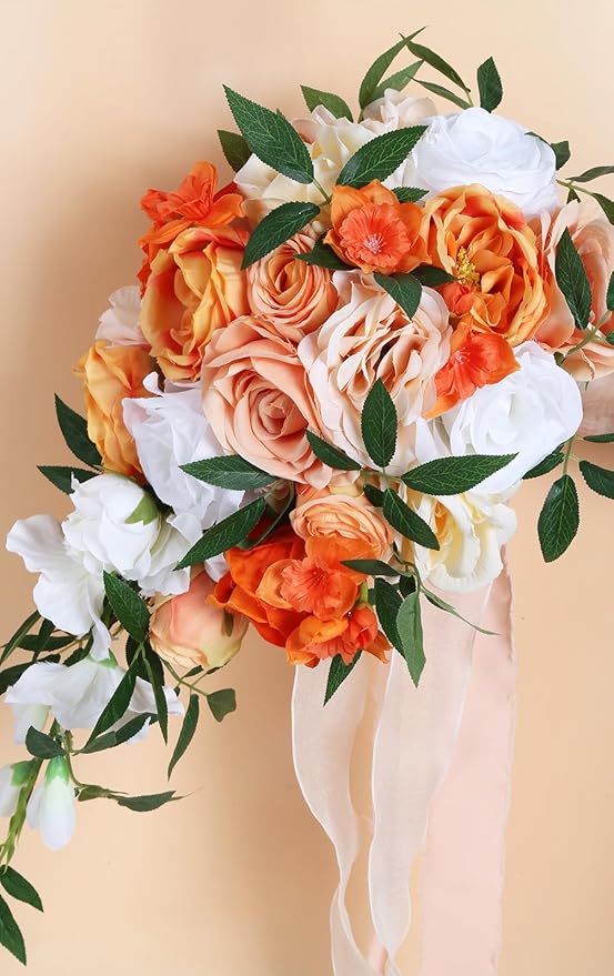 Wedding Bouquet,10 Inch Terracotta Bouquet Cascading Bridal Bouquets for Bride for Wedding Ceremony and Anniversary(Orange)