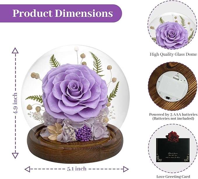 Preserved Rose Forever Flower in Glass - Birthday Gifts for Women Mom, Real Flowers for Delivery Prime | Rose Gift for Grandma Wife Sister Friend (Purple)
