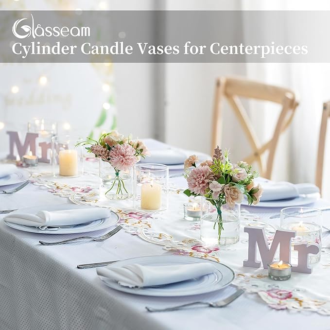 Glasseam Glass Cylinder Vases for Centerpieces, Small Clear Flower Vase Set of 12, Modern Floating Candle Vases Decor, Decorative Hurricane Candle Holders for Wedding Dining Table Decorations, 4in