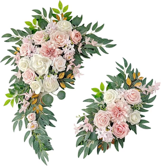 Pack of 2 Wedding Arch Decorations Artificial Hanging Flowers Floral Swag for Wedding Welcome Sign Backdrop Balloon Arch Home Party Bridal Ceremony Reusable (Light Pink)