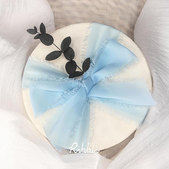 Ribbli Baby Blue Chiffon Ribbon 1-1/2 inch x 20 Yard Handmade Fringe Chiffon Silk Ribbon, Light Blue Ribbon for Wedding Invitations, Bridal Bouquets Wrapping, Flower Arrangement Decoration