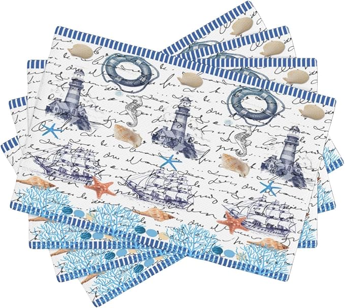 Starfish Placemats, Simple Vintage Watercolour Coral Ocean Shell Lighthouse Seahorse Sailboat Coastal Theme Print Washable Fabric Placemats Table Kitchen Dining Party 12x18 Inch Set of 6