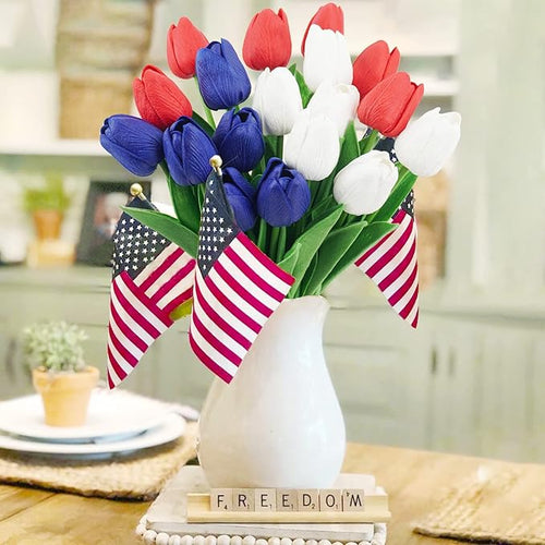 18 Pcs Real Touch Tulips Artificial Flowers, Patriotic Flower for 4th of of July Decoration Cemetery Flowers for Grave Vase Memorial Day Independence Day Decor