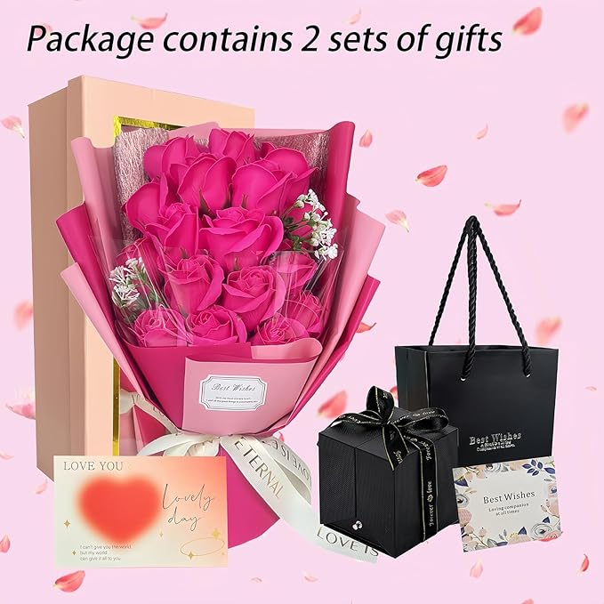 EIGHTOWN Roses Bouquet Artificial Flower - Preserved Red Rose Flowers with Love Necklace for Her - Unique Gifts Valentine's Day, Mother's Day, Thanksgiving, Birthday, Anniversary (512)