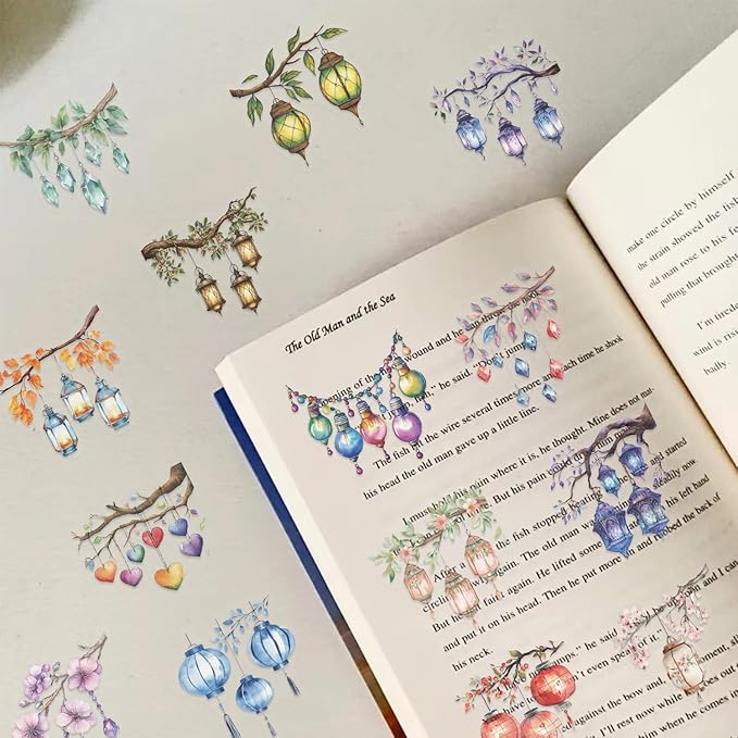 50PCS Watercolor String Light Stickers - Transparent PET Waterproof Lantern Decals for DIY Crafts, Journals, Bottles, Phone Cases