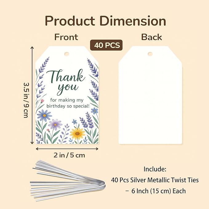 40 PCS Floral Birthday Favor Tags, Birthday Thank You Tag, Thank You for Making My Birthday So Special Tag, Wildflower Girls Birthday Favors Tags, Floral Garden Birthday Party Thank You Tag, 2x3.5"