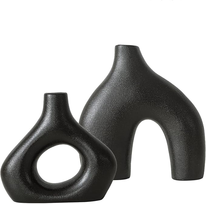 BLACK Ceramic Vase Set of 2 for Modern Home Decor, Round Matte Donut Vases for Pampas Grass, Neutral Boho Nordic Minimalism Style Flower Vases for Living Room Wedding Dinner Table Party Office Bedroom