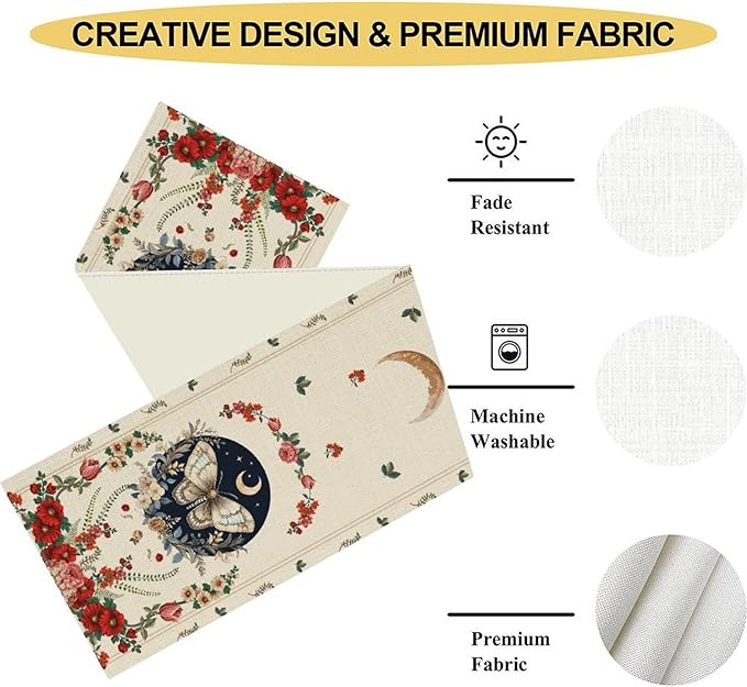 Gothic Moth Table Runner, Boho Floral Gothic Sun Moon Phase Mystical Witchy Starlight Coffee Table Center Decor for Home Kitchen Dining Patio Holiday Party Table Decorations 13x108 inches