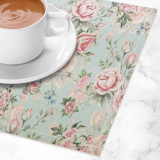 Pink Flowers Placemats Set of 6, 17x12 Inch Rustic Spring Floral Blossom Natural Romantic Table Mats for Home Party Kitchen Dining Decor