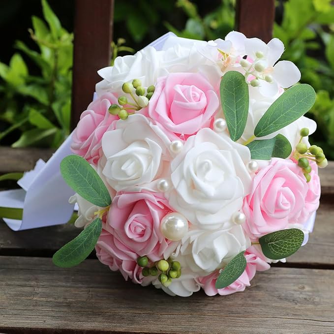 Lightweight Bridal Wedding Bouquet Round Holding Bouquet Throw Toss Artificial Rose Flower Bunch for Bride Bridesmaid Wedding Quinceanera (White & Pink, 7.9")