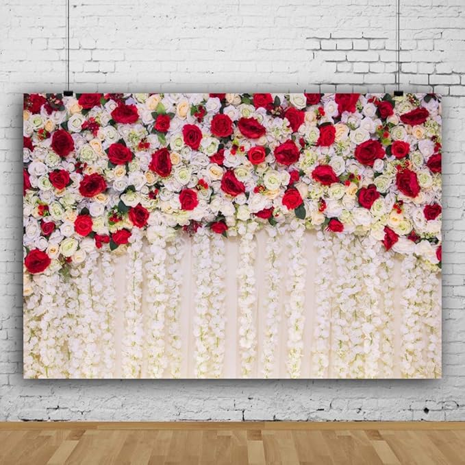 10x6.5ft Flower Wall Wedding Backdrop White Red Rose Romantic Spring Blooming Floral Photo Background for Valentine's Day Bridal Shower Mothers Day Birthday Newborn Decorations Photo Props
