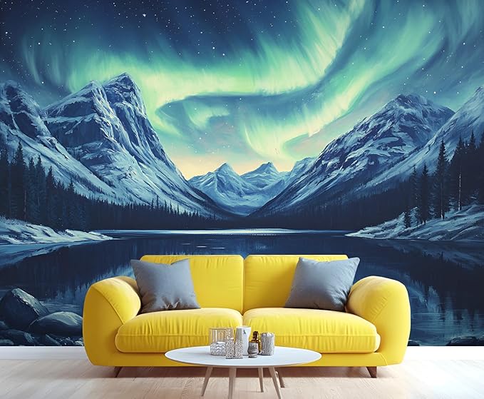 Northern Lights Mountain Wall Mural, Aurora Borealis Lake 3D Wall Murals, Snowy Peaks Starry Sky Wallpaper Mural, for Living Room Bedroom Large Wallpaper Indoor Decor 98.4" W x68.9 H