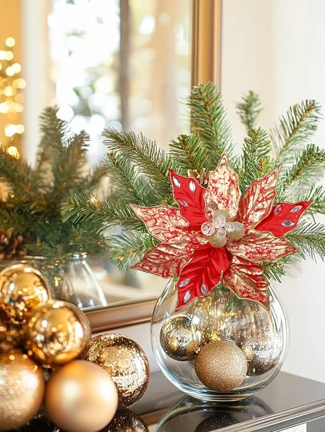 Hollyone 3PCS Poinsettia Christmas Flowers Artificial 11" Large Red and Gold Glitter Poinsettia Flowers Christmas Tree Ornaments Floral Picks for Tree Wreath Garland Vase Table Centerpiece Home Decor