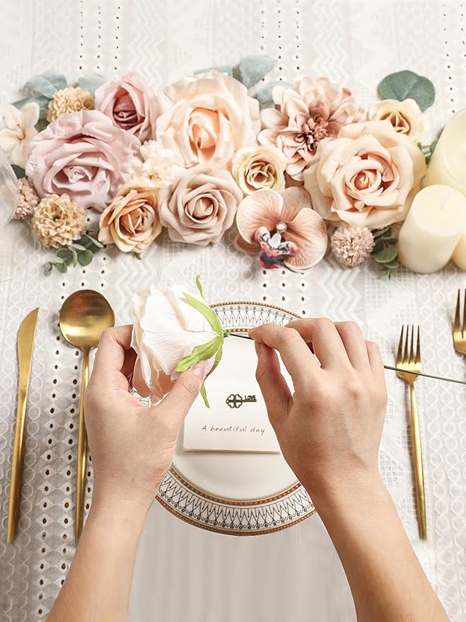 Artificial Flowers Set Champagne Coffee Silk Fake Flowers with Stems for DIY Wedding Bridal Bouquets Cake Arch Floral Arrangement Table Centerpieces Baby Shower Party Home Decorations