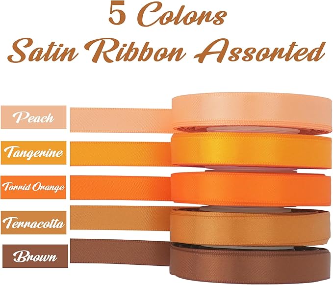 HUIHUANG Satin Ribbon 3/8 inch Orange Terracotta Double-Faced Silk Satin Ribbons for Hair Crafts Bows Making Gift Wrapping Fall Wedding Bridal Shower Decor - 5 Rolls, Total 50 Yards