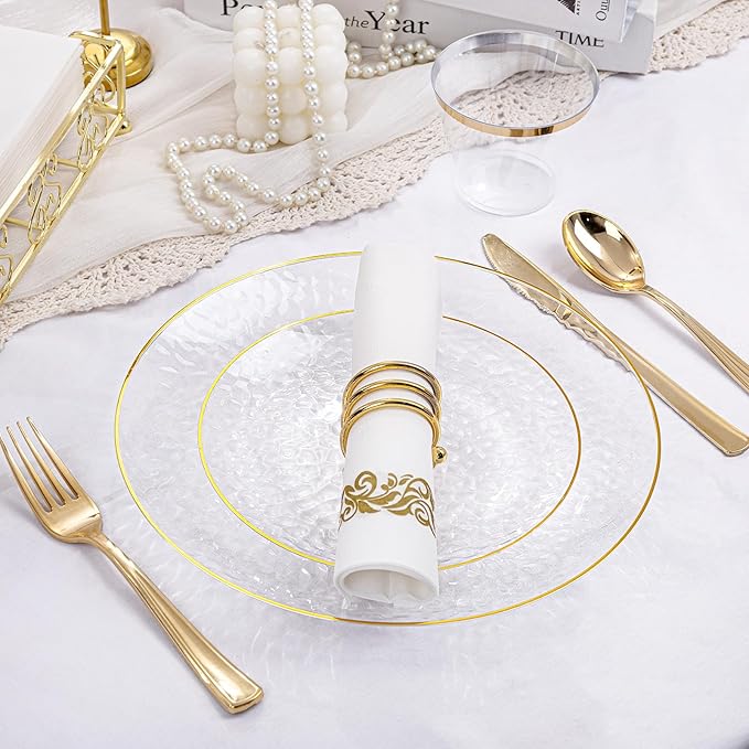 Rubtlamp 175 Pcs Plastic Dinnerware Set (25 Guests), Clear And Gold Plastic Plates, Hammered Party Plates Include Dinner Platos, Dessert Platos, Cups, Gold Cutlery Set And Napkins for Christmas
