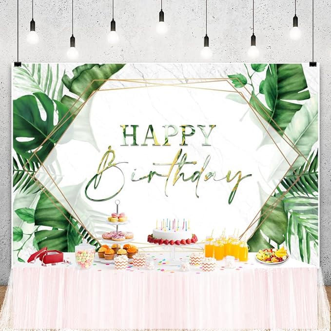 ChloropLastid 10x6.5ft Tropical Happy Birthday Backdrop Summer Green Palm Leaf Photography Background Hawaiian Birthday Party Banner Decorations for Men Women Portrait Photoshoot Props Supplies