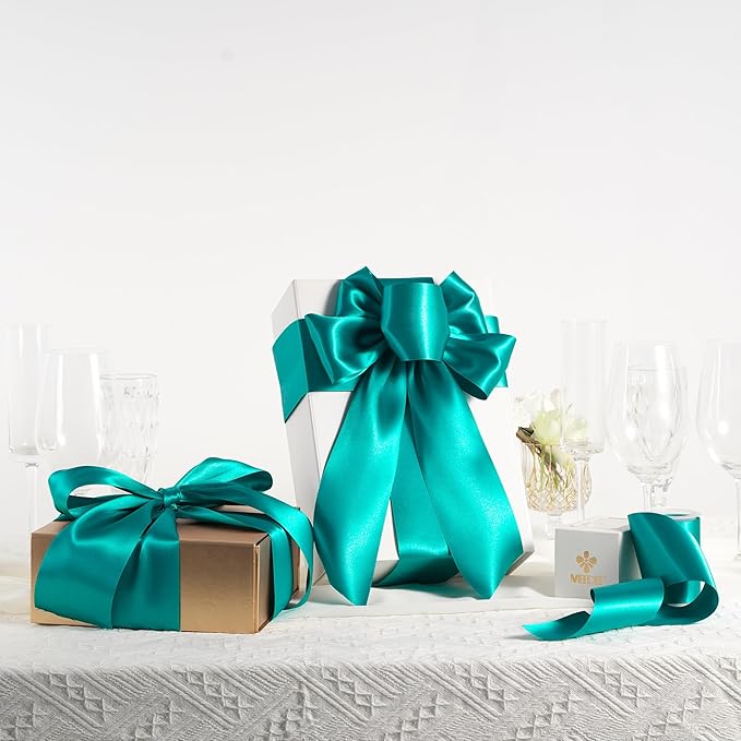 MEEDEE Teal Satin 3 Inch Ribbon Lux Double Faced Satin Ribbon Christmas by 10 Yards Green Ribbons Teal Ribbons for Christmas Tree Decoration, Weddings, Flower Bouquet, Bow Making