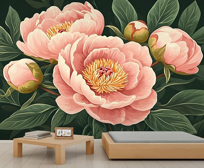 KIREUPA Peony Flower Wall Mural, Retro Pink Peony Flower 3d Wall Murals, Romantic Garden Theme Wallpaper Mural, for Living Room Bedroom Large Wallpaper Indoor Decor 78.7" W x55.1 H