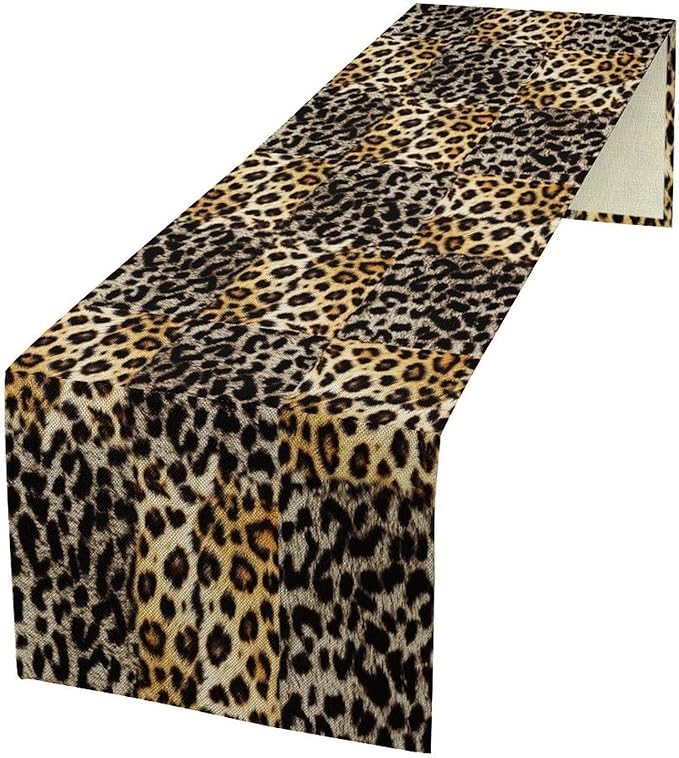 Animal Skin Print Table Runner, Vintage Leopard Farmhouse Cottage Country Western Wildlife Safari Dinner Runner for Home Kitchen Dining Table Party Holiday 13x120in
