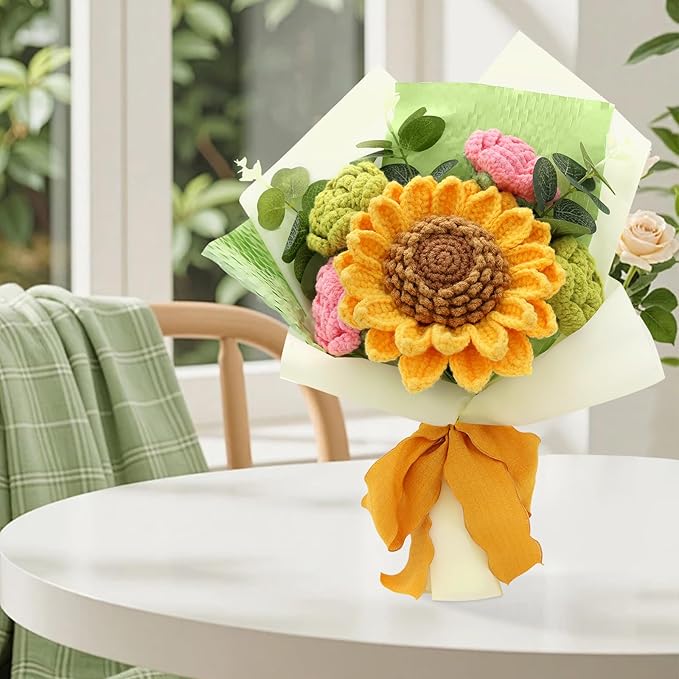 Crochet Flowers,Finished Bouquet Crocheted Cotton Thread Flowers, Handmade Crochet Rose Tulip Fern Leaf as a Gift for Lover, Friends. Artificial Flower (Brown&Green)
