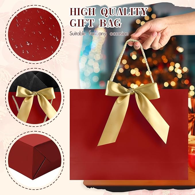 JMANNI 1PCS Large Gift Bag with Ribbon and 1 Greeting Card 2 Tissue Papers, Portable Paper Gift Bag with Handles, Birthday Gift Bags,Present Bags for Wedding Party,Mothers Day12.6" x 9.8" x 3.9"(Red)
