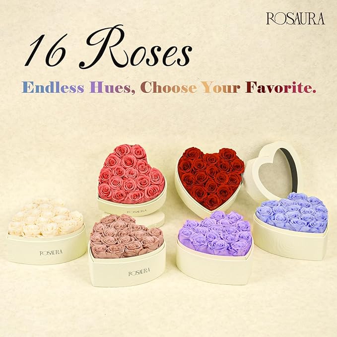 Rosaura Heart-Shaped Preserved Roses Gift Box - Real Forever Flowers for Birthday, Valentine's & Mother's Day (red, 16 Roses)