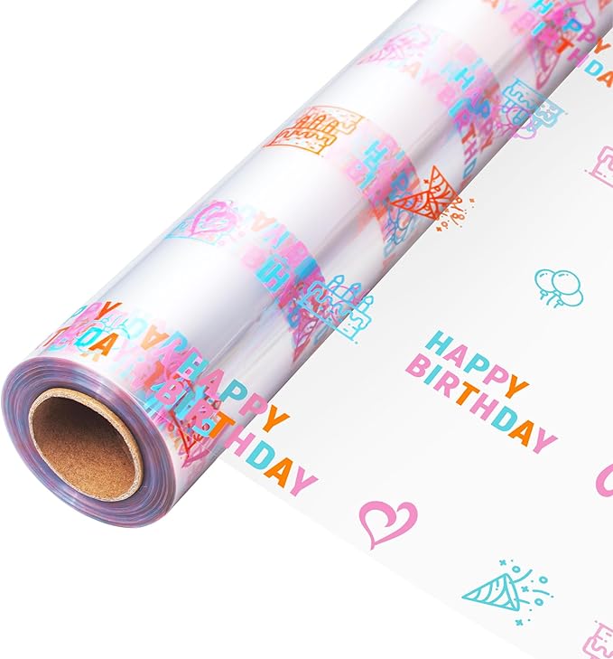 JOYIT Happy Birthday Cellophane Wrap Roll (35'' Wide X 50 FT Long) - 3 Mil Thick Clear Cellophane Roll, Birthday Cellophane Bags Large, Wrapping Paper for Flower Gift Baskets Wrap (35" fold into 17.5")