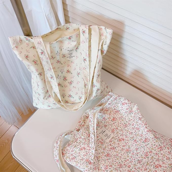 Cotton Canvas Tote Bag Reusable Soft Grocery Cloth Bag Floral Shoulder Bag for Beach Travel Shopping