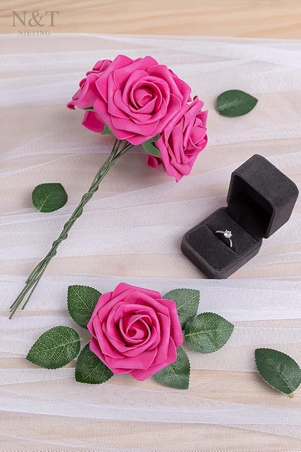 N&T NIETING Artificial Flowers, Hot Pink Artificial Roses, 50pcs Fake Flowers with Stem for DIY Wedding Bouquets Centerpieces Bridal Baby Shower Party Home Arrangement Decoration