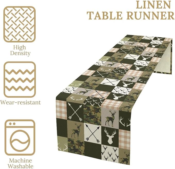Farmhouse Table Runner, Rustic Deer Camouflage Buffalo Plaid Wild Animal Seasonal Coffee Table Center Decor for Home Kitchen Dining Holiday Party Table Decorations 13x108 inches