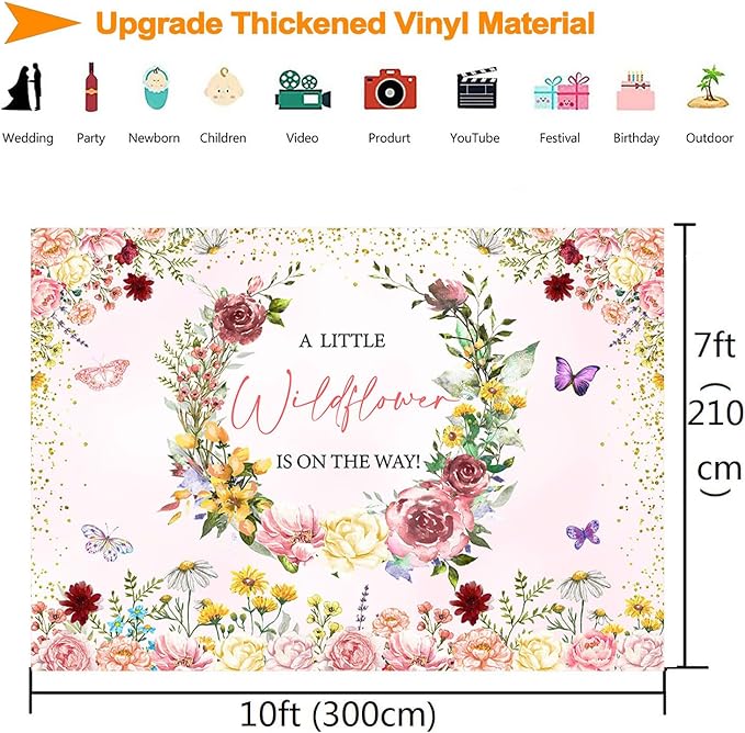 InMemory Wildflower Baby Shower Backdrop Pink Floral Party Decorations for Girl,A Little Wildflower is On The Way Banner Background Wild flower Theme Baby Shower Party Supplies Photoshoot Props 10x7ft