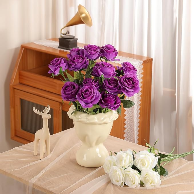 Nubry 24pcs Artificial Silk Roses Bulk,Fake Roses Flower with Stems Realistic Flowers for Wedding Centerpiece Home Party Decor(Purple)