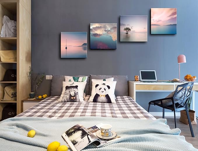 dgbtcart Romantic Sunset Beach Canvas Wall Art - Ocean Pictures Prints Colorful Seascape Painting Artwork for Bedroon Living Room, Bathroom - Office Kitchen Wall Decor 16"x 16" x 4 Panels