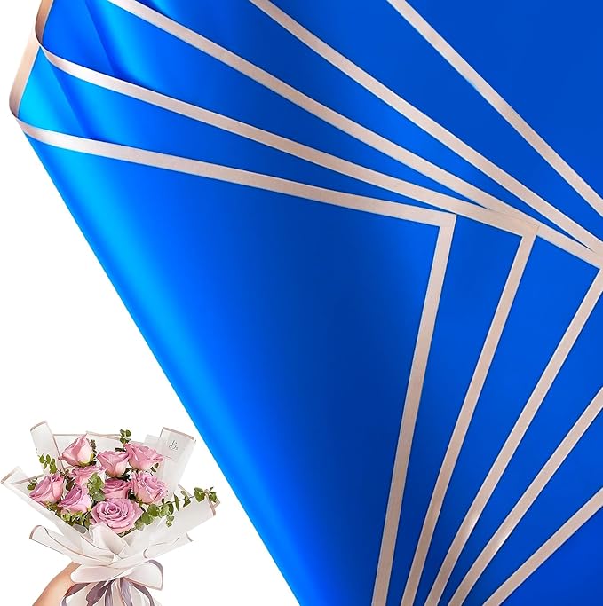 30 Sheets Sapphire Blue Gold Edge Flower Bouquet Wrapping Paper，Florist Supplies Waterproof Floral Bouquet Wrapping Paper Bouquet Accessorie，Flower Shop Packaging Pape for DIY Gift Wedding Birthday