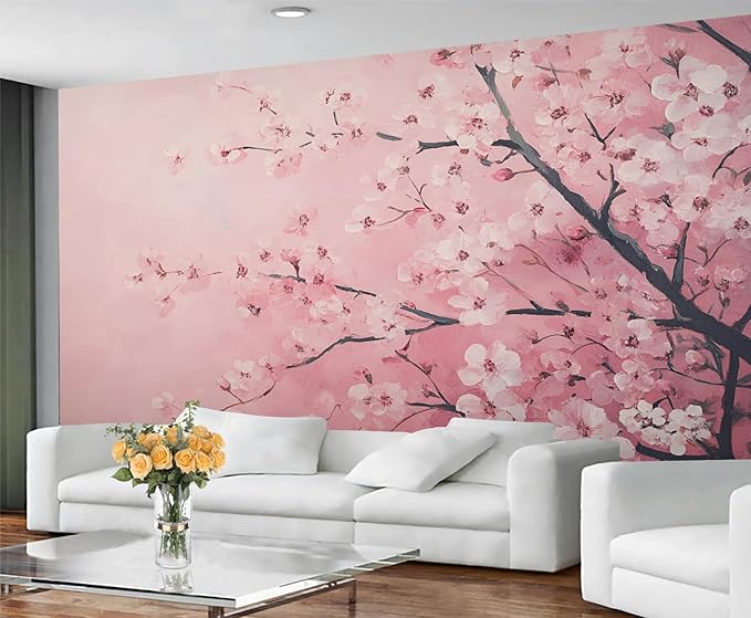 Pink Cherry Blossom Wall Mural, Romantic Cherry Blossom 3D Wall Murals, Japanese Flower Wallpaper Mural, for Living Room Bedroom Large Wallpaper Indoor Decor 118" W x 82.6 "H