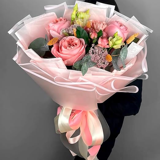 Jutieuo 20 Sheets Pink Flower Wrapping Paper, Waterproof Floral Wrap Pink Edge Bouquet Wrapping Paper Florist Supplies (22.8 x 22.8 inch)