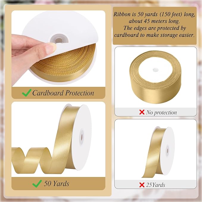 Gold Ribbon 1 Inch 50 Yards Gold Satin Ribbon Gift Bows for Wedding Party Holiday Christmas Decorations Gift Wrapping Ribbons Crafts Hair Bows